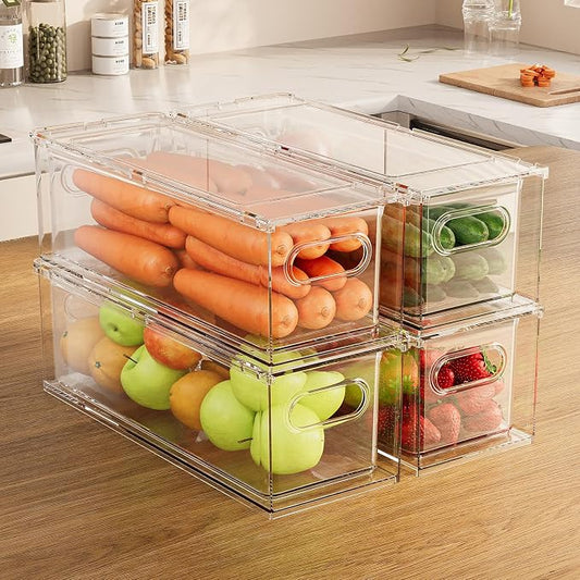 Refrigerator Organizer Bins with Pull-out Drawer 6 Pack Stackable Clear Fridge Drawer Organizer Fruit Vegetable Storage Containers for Kitchen Pantry Organization (2 Small) by GREENBY