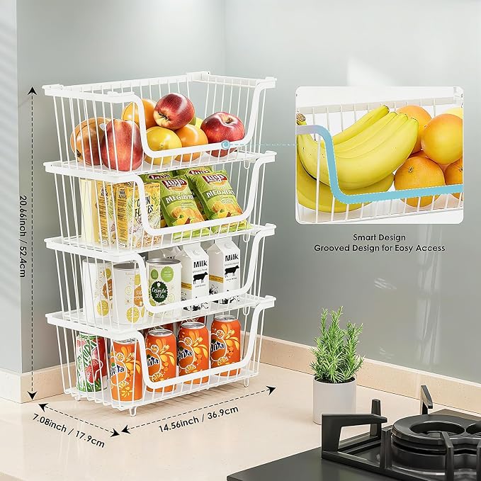 4 Pcs Stackable Wire Baskets for Pantry Organizers and Storage, | Vegetable Fruit Basket for Countertop,Kitchen Storage Metal Baskets,Produce Potato Onion Storage Bin,White - Image 2