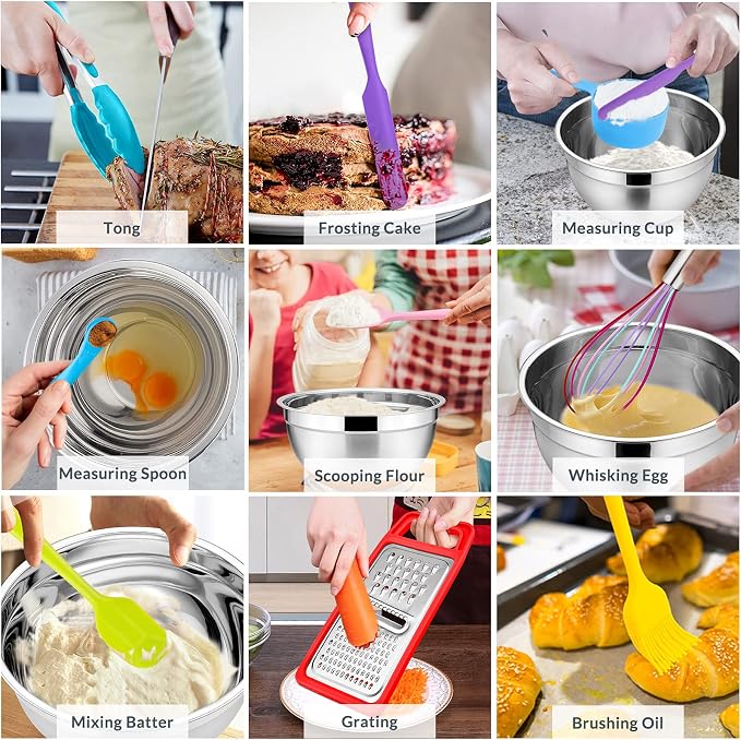 22-Piece Mixing Bowls with Lids & Accessories Set, E-far Stainless Steel Nesting Bowls with Colorful Covers & Non-Slip Bottoms, Metal Bowls for Cooking/Baking/Serving/Storage - Size 7/3.5/2.5/1.5/1 QT - Image 5