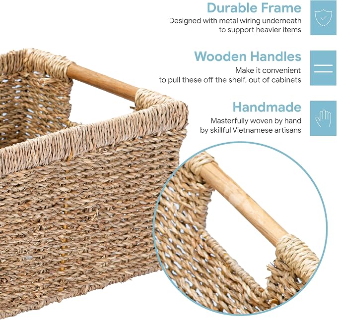 Natural Seagrass Basket with Wooden Handle, Medium Rectuangular Wicker Basket for Living Room 12.2 x 8.9 x 6.7 inches - 3 Pack - Image 3