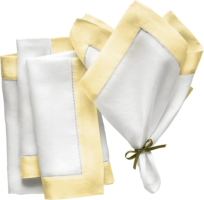 Linen Napkins 20 x 20 inch - 100% Flax Linen White and Yellow Dinner Napkins Set of 4 - Hemstitch Cloth Napkins Washable for Easter Day and Spring Holiday by OlucioAuthentiqueHome