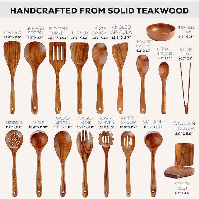 Zulay Kitchen 30-Piece Teak Wooden Utensils - Natural Teak Cooking Utensils with Premium Gift Box - Non-Stick Wooden Spoons - Kitchen Gift Set - Comfortable Grip - Image 3