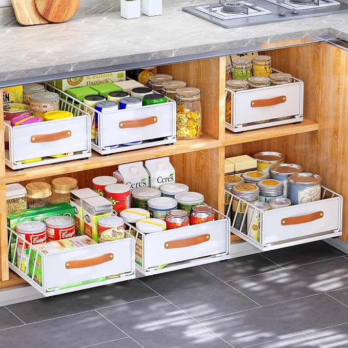 Pull out Cabinet Organizer,Heavy Duty Slide out Pantry Shelves Drawer Storage with Adhesive Nano Film,Sliding Mesh Cabinet Basket with Handle for Kitchen, Bathroom, Home, 9.8"W X 15.7"D X 6.2"H,White - Image 9