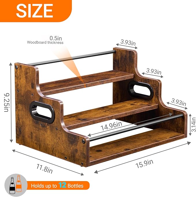 YQBRAO 3-Tier Liquor Bottle Display Shelf, 16-Inch, Rustic Brown | Holds up to 12 bottles with a compact footprint and raised rows for coffee syrups, spirits, kitchens, and home bars. - Image 3