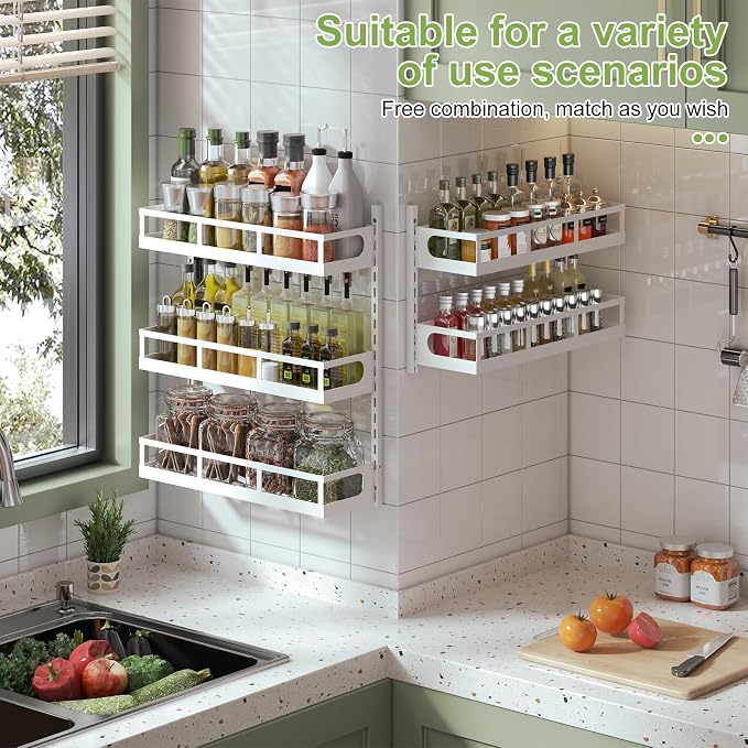 X-cosrack Wall Mount Spice Rack Organizer 5 Tier Height-Adjustable Hanging Spice Shelf Storage for Kitchen Pantry Cabinet Door, Dual-Use Seasoning Holder Rack with Hooks, White - Image 3