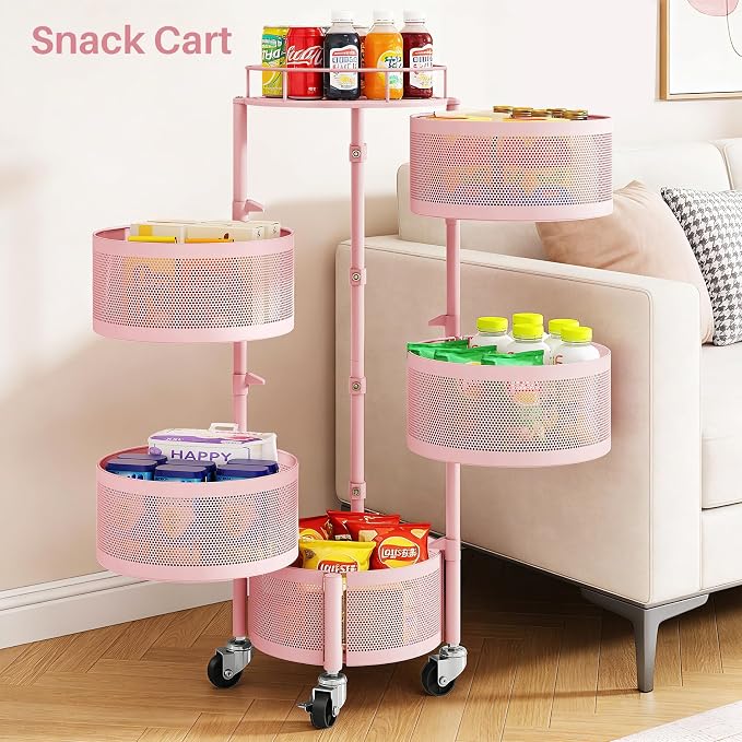SNTD Fruit and Vegetable Basket Bowls for Kitchen with Metal Top Lid, 5 Tier Rotating Storage Rack Cart for Potato Onion Bread Banana, Wire Basket Organizer on Wheels, Large, Pink - Image 6