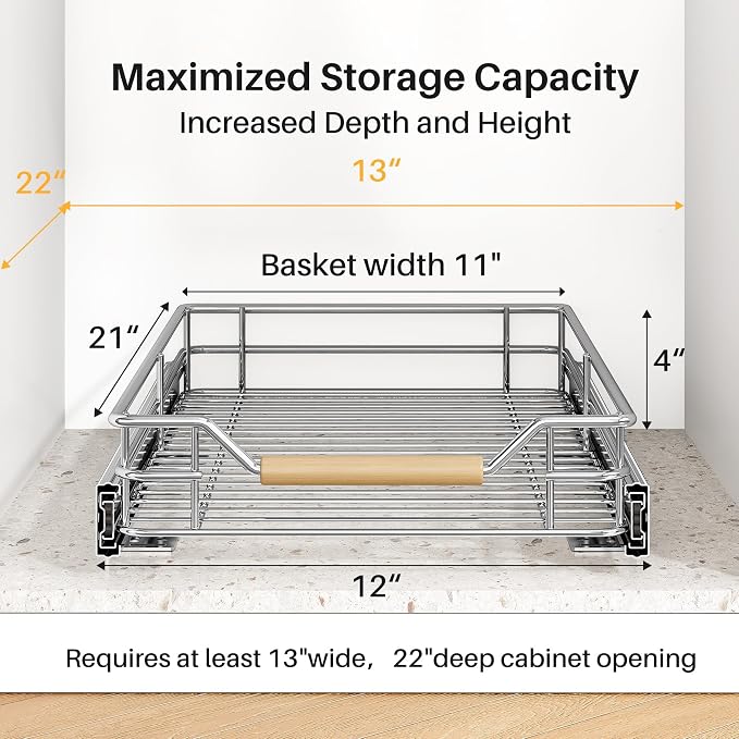 Pull out Cabinet Organizer, 12"W X 21"D, Heavy Duty Smooth Sliding Under Cabinet Shelves for Pots and Pans, Full-Extension Roll out Drawers, Slide out Organization for Home Kitchen Pantry - Image 3