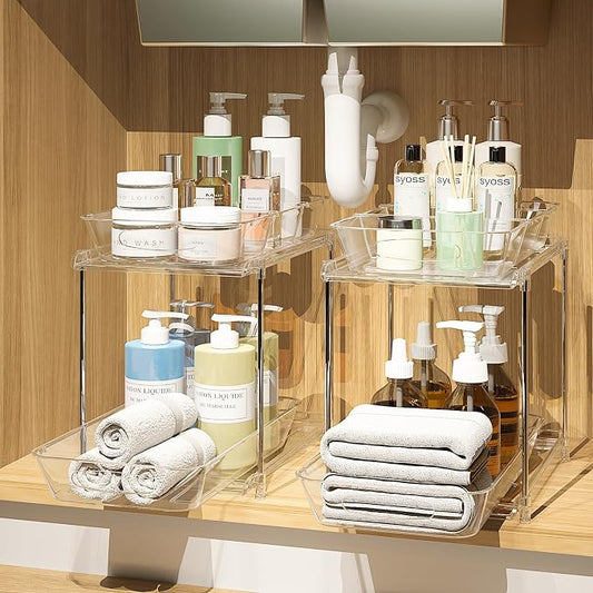 2-Pack 2-Tier Under Sink Organizer with Pull Out Drawers | Multi-use kitchen & bathroom storage. Includes hanging hooks and cups. transparent, space-saving cabinet design. 12.8 Inch by Sevenblue