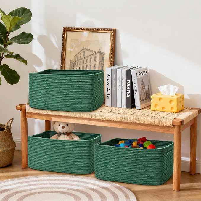 4 Pack Large Storage Basket for Organizing, 17.5"x13"x7" Woven Basket for Shelves, Closet Cube Storage Bins with Wrapped Handle, Cotton Rope Baskets for Kitchen, Clothes, Toys(Green) - Image 7