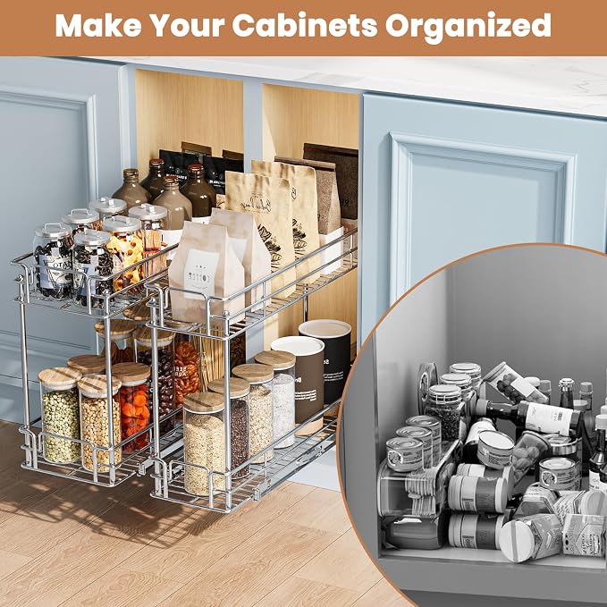 Pull Out Spice Rack Cabinet Organizer, 3 Tier Heavy Duty Slide Out Wood Shelf for Narrow Cabinet, Pull Out Storage for Kitchen (5½" W x 21½" D, 2 Tier) - Image 7