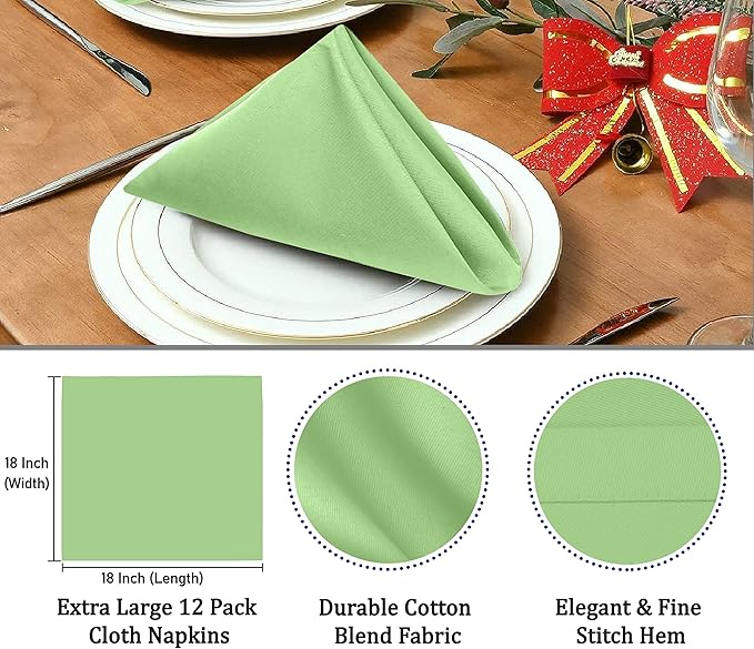 Ruvanti Cloth Napkins Set of 12, 18x18 Inches Napkins Cloth Washable, Soft, Durable, Absorbent, Cotton Blend. Table Dinner Napkins Cloth for Hotel, Lunch, Restaurant, Wedding Parties - Light Green - Image 3