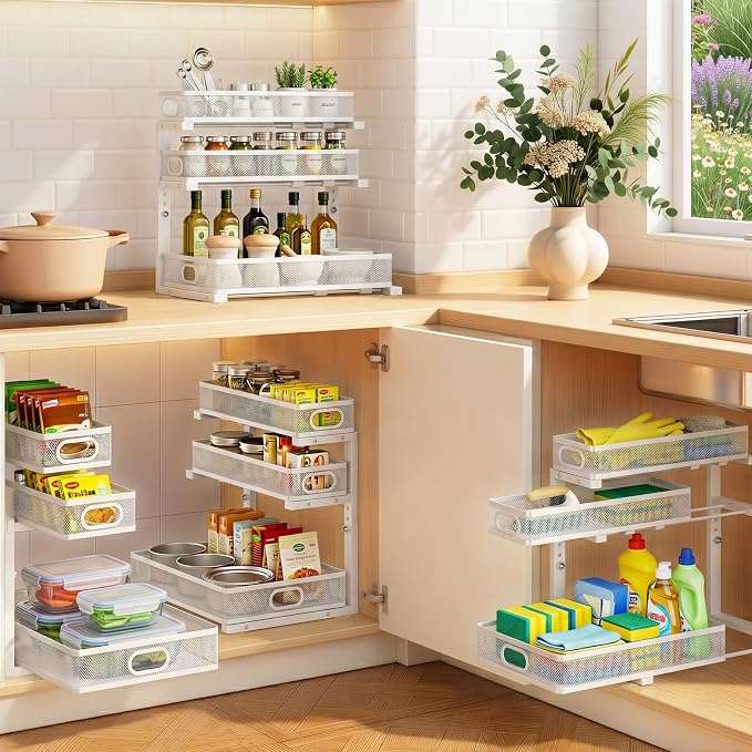 Under Sink Organizer 3 Tier, 2 Pack L-Shaped Pull-Out Cabinet Organizer with Sliding Metal Mesh Drawers, Height Adjustable Under Sink Storage Rack for Kitchen Bathroom Cabinet, White - Image 9