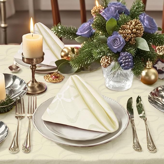 Cream Fabric Napkins Pack of 12 (18"x18") - Cotton & Polyester, Wrinkle/Fade Resistant - Dinner Jacquard Napkins Cloth Washable for Banquet, Party & Wedding, Champagne Bows - Image 5