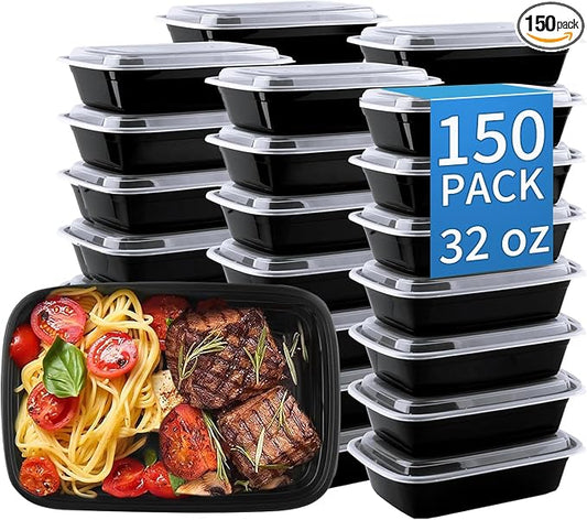 32oz Meal Prep Containers, 150 Sets Disposable Food Storage Boxes with Lids | BPA Free, Microwave/Dishwasher/Freezer Safe, Reusable Plastic, Bulk To Go Lunch Boxes by Apsic