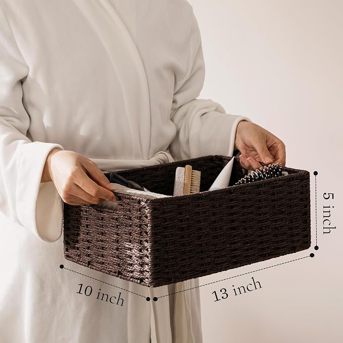 joybest Dark Brown Wicker Baskets for Shelves, Hand-woven Storage Baskets | 13L x 10W x 5H inch for Pantry, Kichen Organizing, Foldable Rectangular Bin with Handles, 4-pack - Image 2