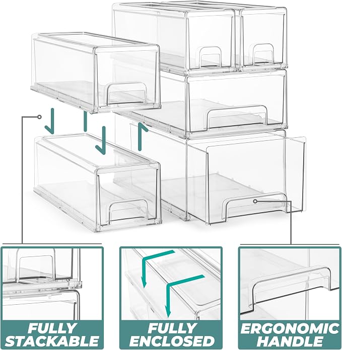 Sorbus Large Clear Stackable Storage Drawers – 4-Pack Plastic Organizer Bins with Handles – Stackable Pull-Out Storage Drawers for Closet, Pantry, Office, Bathroom, Craft, and Toy Organization - Image 4