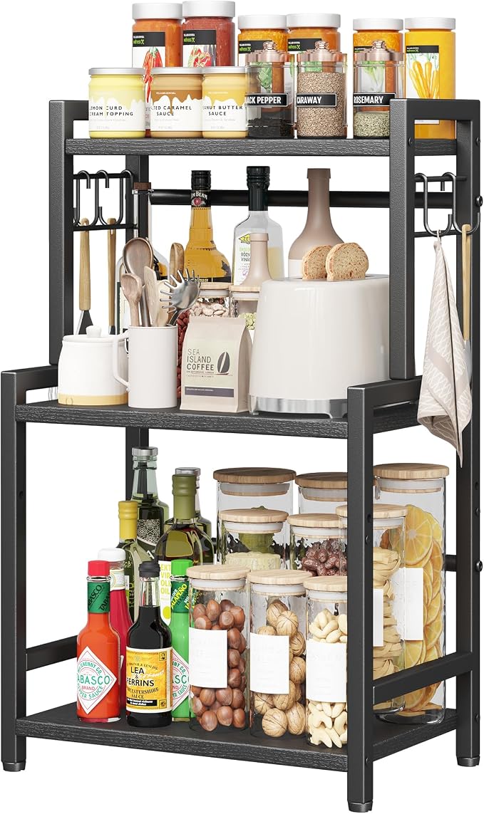 Kitchen Countertop Organizer, 3 Tier Large Spice Rack Organizer with Adjustable Shelf and 5 Hooks, Wooden Counter Organizer, Space Saving Countertop Shelf Microwave Stand for Kitchen,Coffee Bar,Black by Homeiju