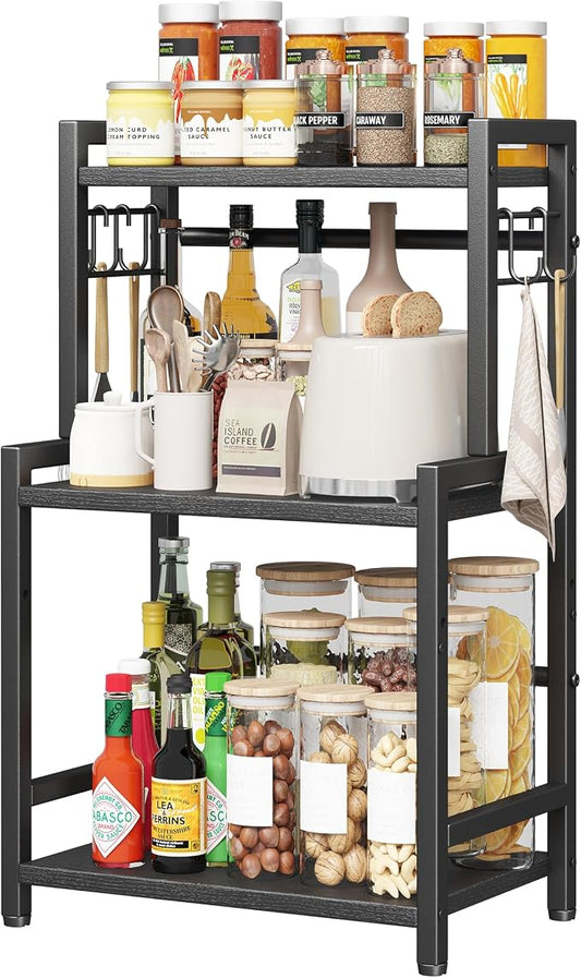Kitchen Countertop Organizer, 3 Tier Large Spice Rack Organizer with Adjustable Shelf and 5 Hooks, Wooden Counter Organizer, Space Saving Countertop Shelf Microwave Stand for Kitchen,Coffee Bar,Black by Homeiju