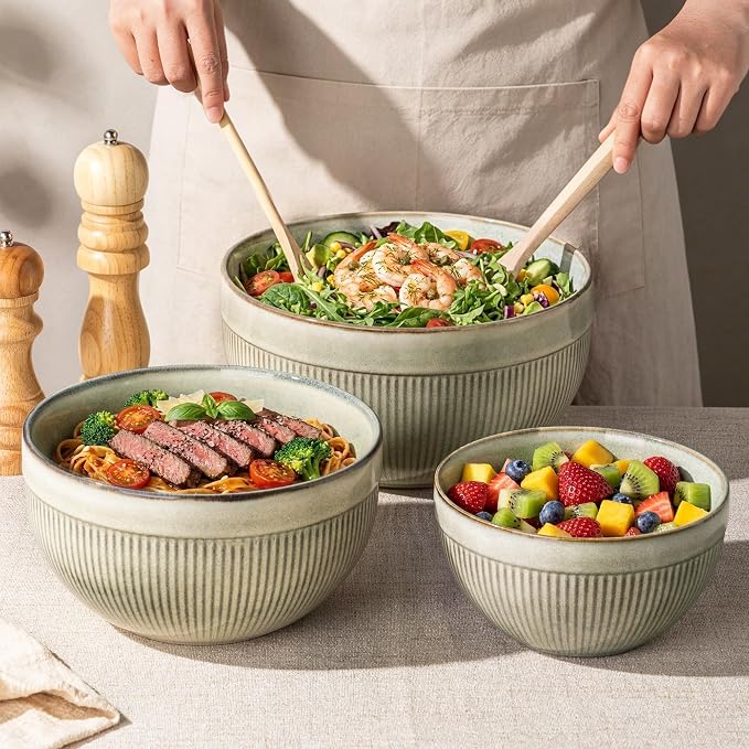 GBhome Ceramic Mixing Bowls Set of 3, Stoneware Nesting Serving Bowls, | 45/90/150 oz For Prep, Baking, Serving, Gift, Microwave and Dishwasher Safe, Ribbed Dishware Collection,Desert Sage - Image 6