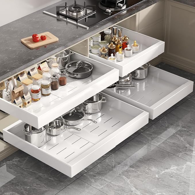 Seinloes 2 Pack Pull Out Cabinet Organizer 22" Deep,Full Extension 3 Slide Rails Slide Out Drawers With Raising Pad for Framed Cabinets,Expandable Width (15.4"-26.2"),No Drill Roll Out shelf,White - Image 5