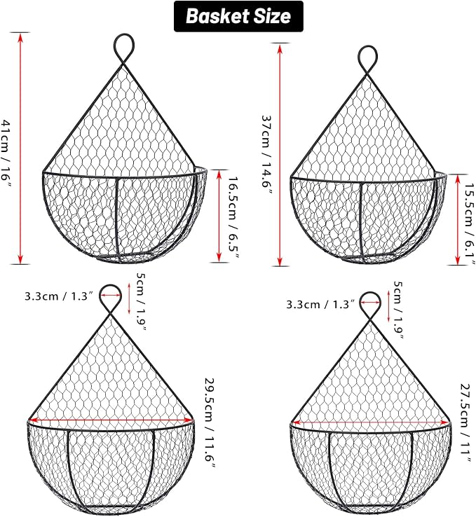 BSTKEY Set of 2,Wall-Mounted Hanging Metal Fruit Vegetable Baskets Hanging Produce Bins for Flowers, Decorations,Veggies,Decorations and More, Black - Image 2