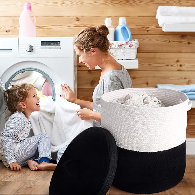 Large Storage Basket with Lid 60L, 16"Wx18"H Woven Laundry Hamper Basket with Handle, Room Decor Cotton Rope Wicker Basket Toy Organizer Bins for Clothes Blankets Pillows, Black/White Mix includes Lid - Image 4