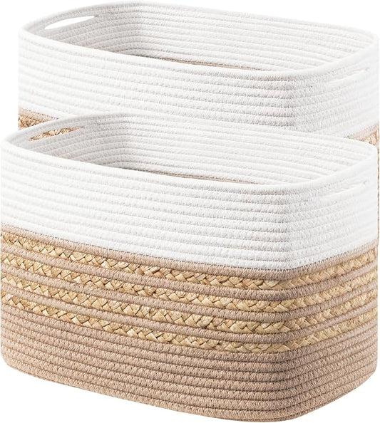 UBBCARE 2 Pack Baskets for Organizing, Woven Storage Baskets for Toys and Towel, Rectangle Cotton Rope Basket with Handles, 14''L x 8''W x9''H, Brown by UBBCARE