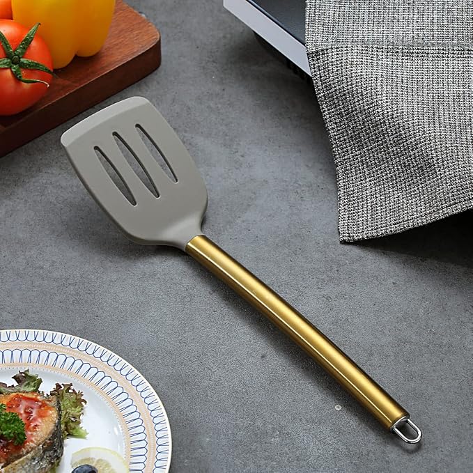 Berglander Non-stick Silicone Slotted Turner with Titanium Gold Plated Handle for Cooking, Dishwasher Safe, Easy to Clean - Image 2