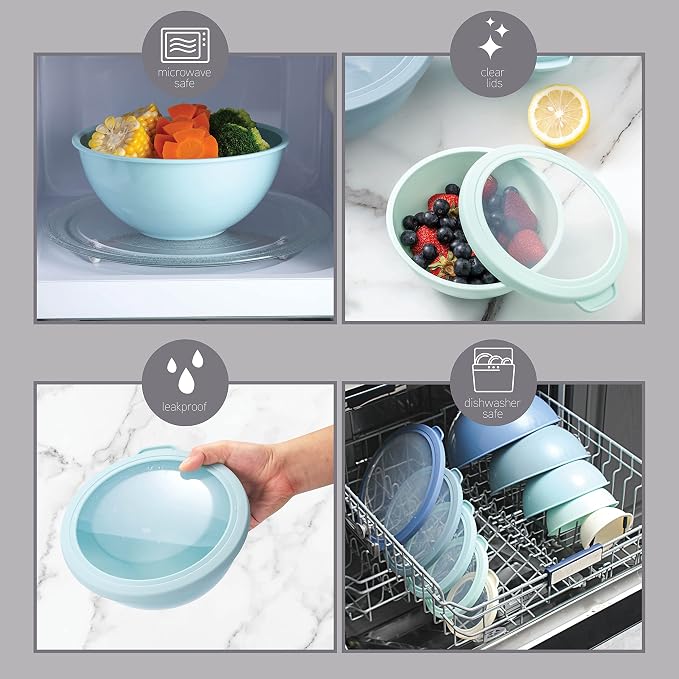COOK WITH COLOR Mixing Bowls with TPR Lids - 12 Piece Plastic Nesting Bowls Set includes 6 Prep Bowls and 6 Lids, Microwave Safe (Blue) - Image 5