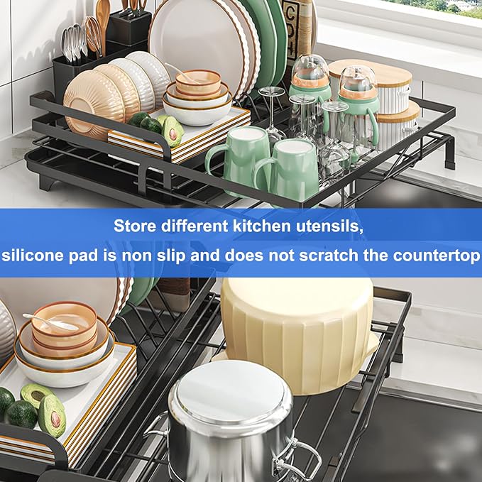 Extendable Dish Drying Rack, Space-Saving Dish Rack for Kitchen Counter, Stainless Steel Dish Strainer with Utensil Holder and Drainboard (Black) - Image 4
