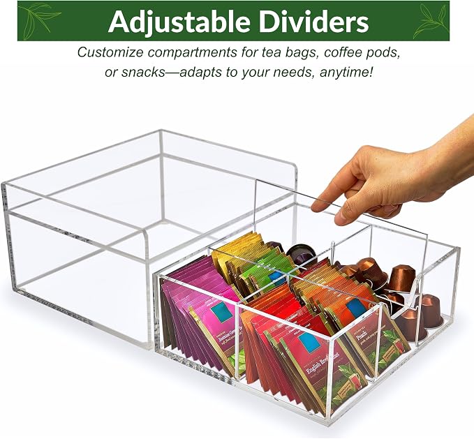 Heavy-Duty Acrylic Tea Station with 6-Compartment Drawer Organizer | Versatile Design: Features a smooth-sliding drawer with 6 compartments, plus a sturdy station top for coffee pods or mugs - Image 5