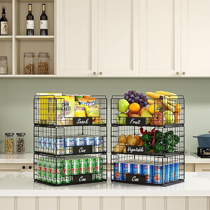 JKsmart 3 Pack XXL Stackable Wire Baskets, Pantry Organizers and Storage | Fruit Basket with Name Plates & Handles & Breathable Design, Muti-Purpose for Snack Rack & Metal Storage Bins & Can Organizer - Image 3