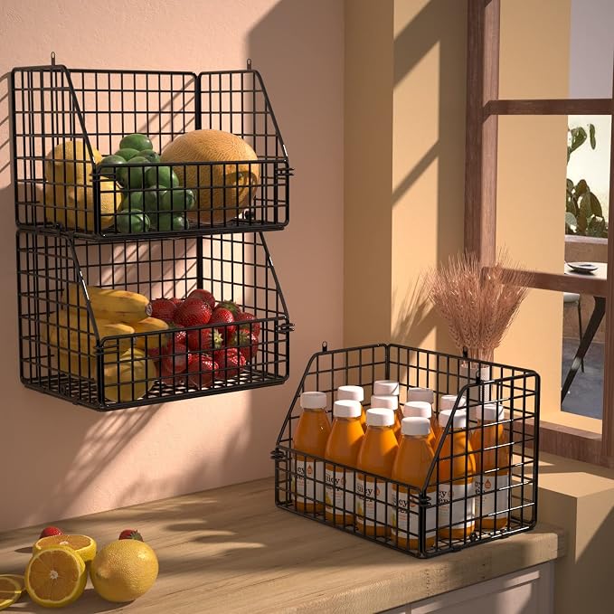 PUPPYCUTE Stackable Wire Storage Baskets for Kitchen Closet Pantry, Hanging Closet Organizers Storage Shelves Organization, Wall Mount Metal Basket Bins, Clothing Vegetable & Fruit Organizer 5 pcs - Image 3