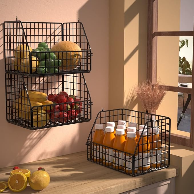 PUPPYCUTE Stackable Wire Storage Baskets for Kitchen Closet Pantry, Hanging Closet Organizers Storage Shelves Organization, Wall Mount Metal Basket Bins, Clothing Vegetable & Fruit Organizer 5 pcs - Image 3