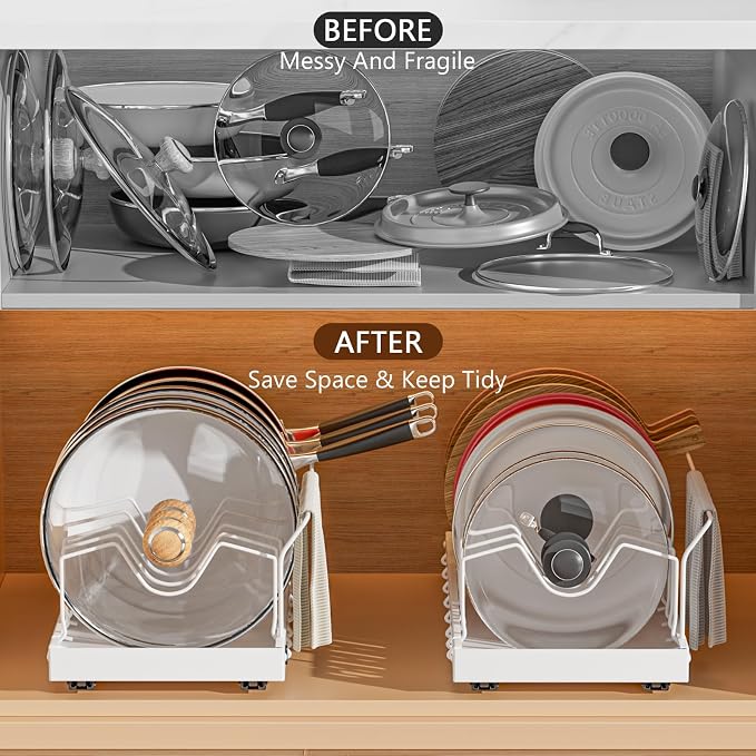 White Pull Out Pot Lid Organizer, Cabinet Pan Rack, 8 Dividers | 2-pack black carbon steel rack, 16 adjustable dividers, quiet slide rails, adhesive or screw mount for lids, pans, bakeware - Image 5