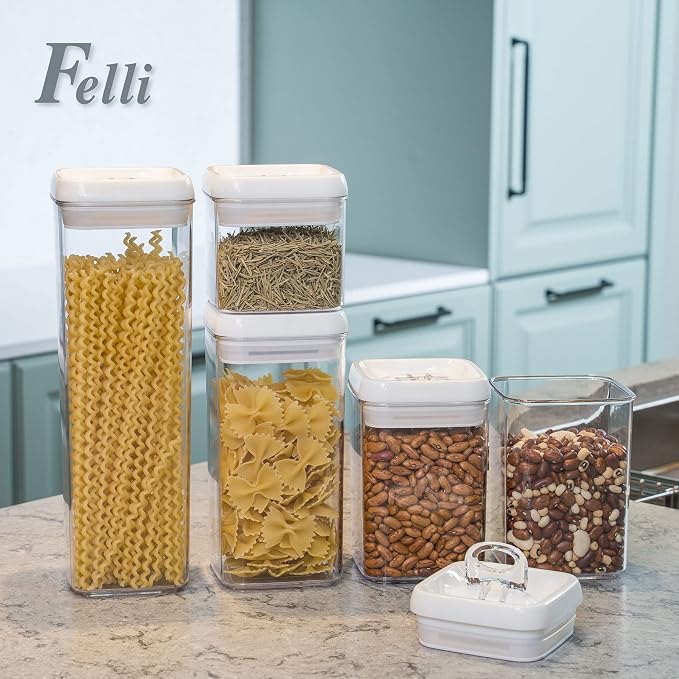 Felli Flip Tite Storage Container with Lid 4" Airtight Ring Seal Top, Stackable Acrylic Canister Jar Set for Kitchen Pantry Organizer, Food Spice Pasta Snack (5pk, Variety) - Image 8