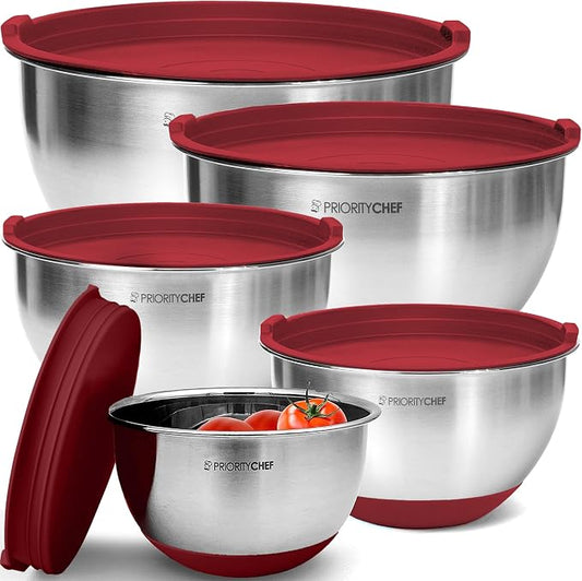 Premium Mixing Bowls With Airtight Lids Set, Thicker Stainless Steel Mixing Bowl Set, Large Prep Metal Bowls with Lids, Nesting Bowls for Kitchen, 1.5/2/3/4/5 Qrt, Red by PriorityChef