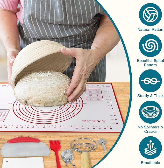 Aliggbent 28Pcs Sourdough Starter Kit, Rattan Banneton Proofing Baskets Set | Sourdough Bread Baking Supplies Set Rattan Banneton Baskets Liners Lame Danish Whisk Sling Scraper 28 Pcs Dough Tools - Image 3