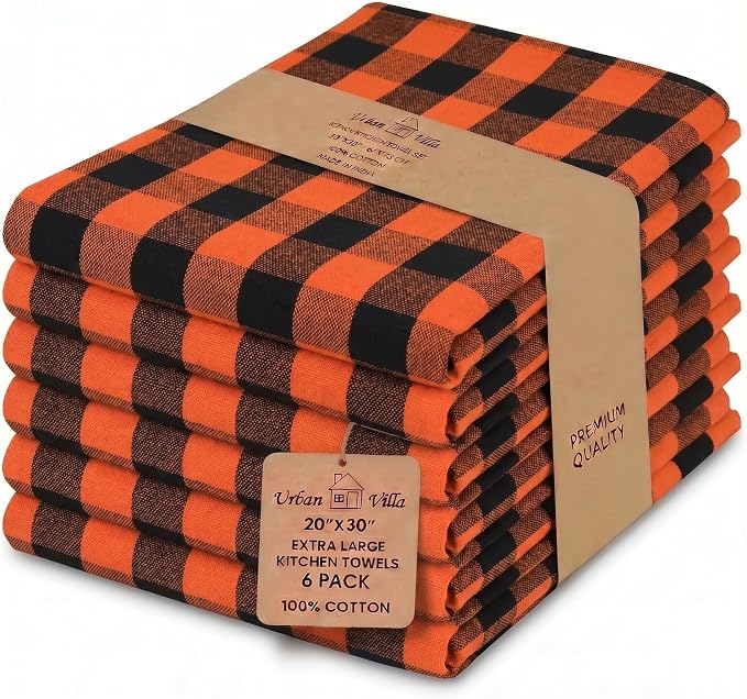 Urban Villa Kitchen Towels Cotton Dish Towels 20”x30” (Set of 6) Orange Blk by CottonTrends