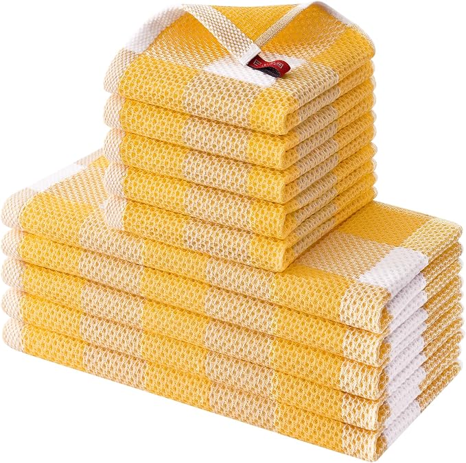 Homaxy Kitchen Towels and Dishcloths Set, Set of 10, White & Golden Yellow | Bulk Cotton Waffle Weave Check Plaid Kitchen Towels, Super Soft and Absorbent Dish Cloths, 12 x 12 and 13 x 28 Inches by Homaxy