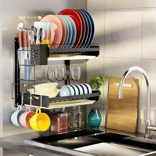 Hanging Wall Mounted Dish Drying Rack, Cutting Board Rack*1, Hook*4, Drain Tray*2, Apartment & RV Wall Mounted Dish Rack, Small Kitchen & Clean Countertop Solution, 2 Layers & 16“ long, Black by Besamery