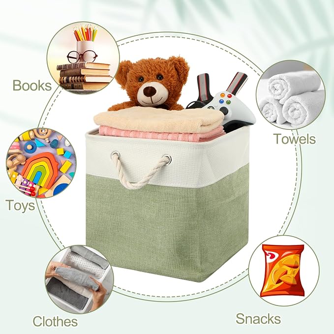 meekoo 8 Pack Collapsible Storage Bins Fabric Storage Bins Polyester Fabric Baskets with Handles Linen Closet Organizer for Shelf Home Closet Towels Toys(12 x 12 x 12 in,Green White) - Image 7