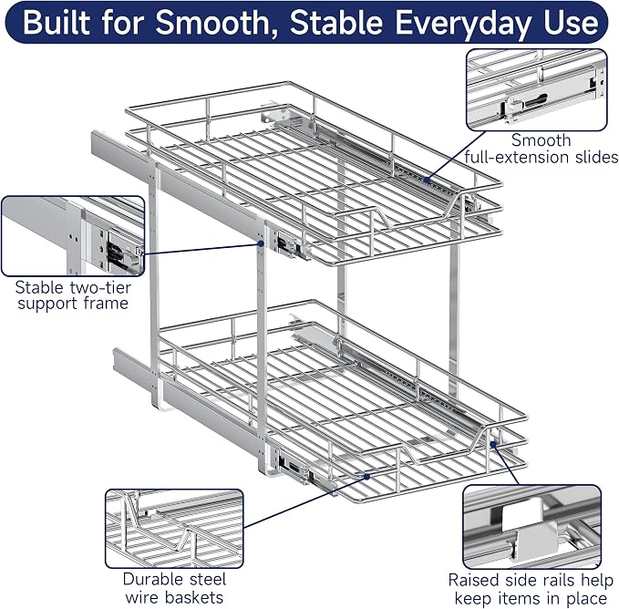 2-Tier Pull Out Cabinet Organizer, 11.5" W x 21.5" D, Heavy Duty Dual Slide Out Shelves for Narrow Base Cabinets, Chrome Wire Basket Drawer for Spices, Bottles & Snacks - Image 7