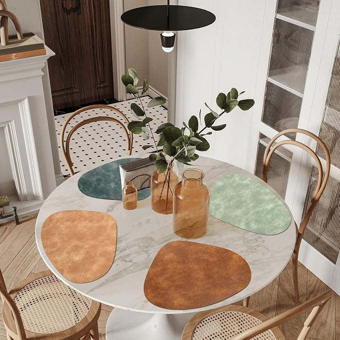 ADRIMER Placemats, Heat Resistant Round Placemats Set of 4 Washable 13 x 17 Inch, Waterproof Table Mats for Kitchen, Dining Room Table Christmas Decor, Turmeric Brown+Camel+Green+Blue - Image 4