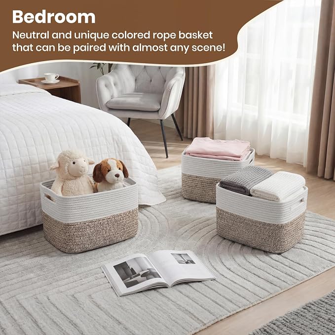 Storage Baskets for Organizing, 14 x 10 x 9” Closet Shelf Woven Baskets, Square Bins with Handles, Cotton Rope Basket for Clothes, Office, Room, White+Dark brown 1 Pack - Image 5