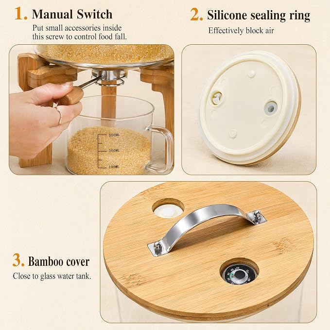 Goaste Glass Rice Dispenser with Bamboo Stand, 5L Flour Cereal Container with Airtight Lid, 8 Lbs Large Grain Food Storage Bucket, Countertop Beans Storage Tank with Measuring Cup & Valve for Dry Food - Image 5