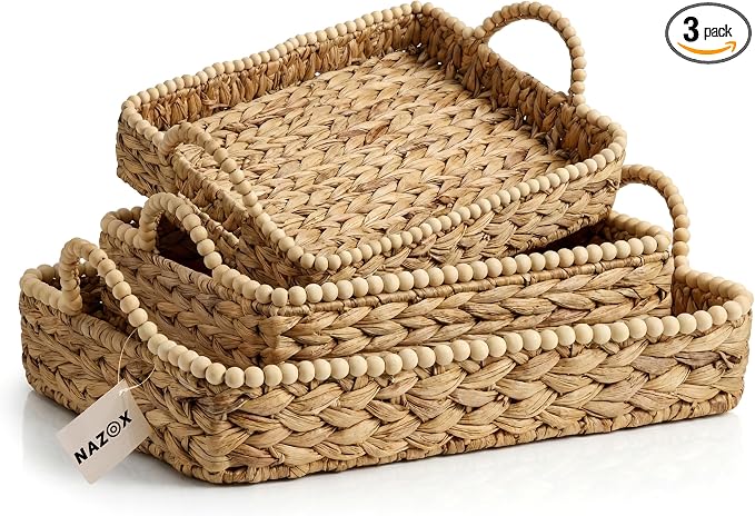 Handwoven Water Hyacinth Wicker Basket Set of 3 - Storage Baskets with Handles & Scalloped Edge for Living Room, Nursery Organization, Laundry & Pantry Wicker Baskets Use by NAZOX