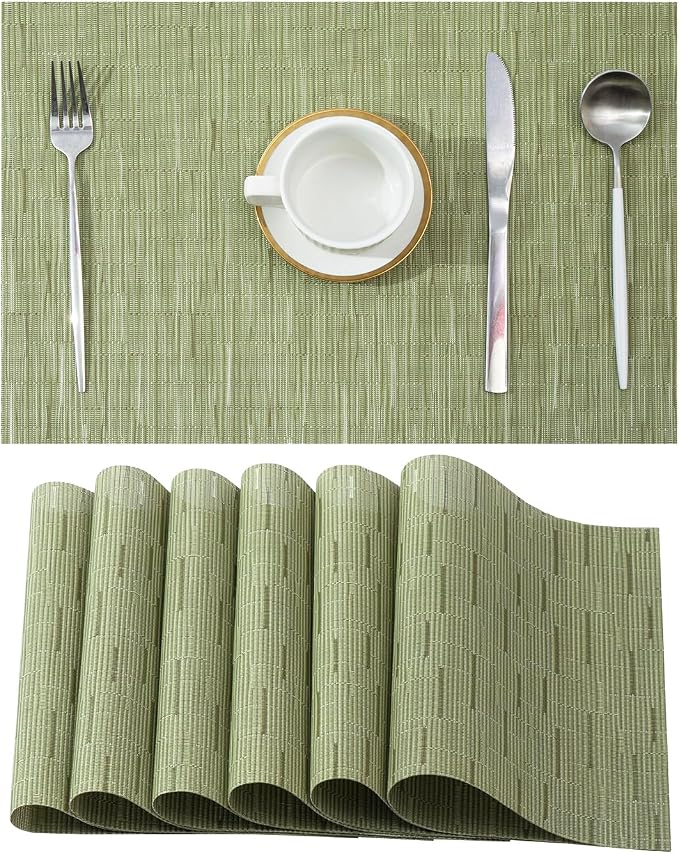 Leetaltree Pea Green Placemats Set of 6 - Heat Resistant Non-Slip Place mats for Dining Table, Washable Durable PVC Vinyl Woven Table Mats（Pea Green, 6） by Leetaltree-ArtatEveryTable