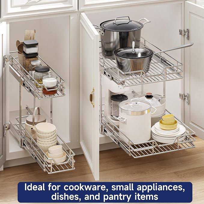 2-Tier Pull Out Cabinet Organizer, 10.5" W x 18" D, Heavy Duty Dual Slide Out Shelves for Narrow Base Cabinets, Chrome Wire Basket Drawer for Spices, Bottles & Snacks - Image 6