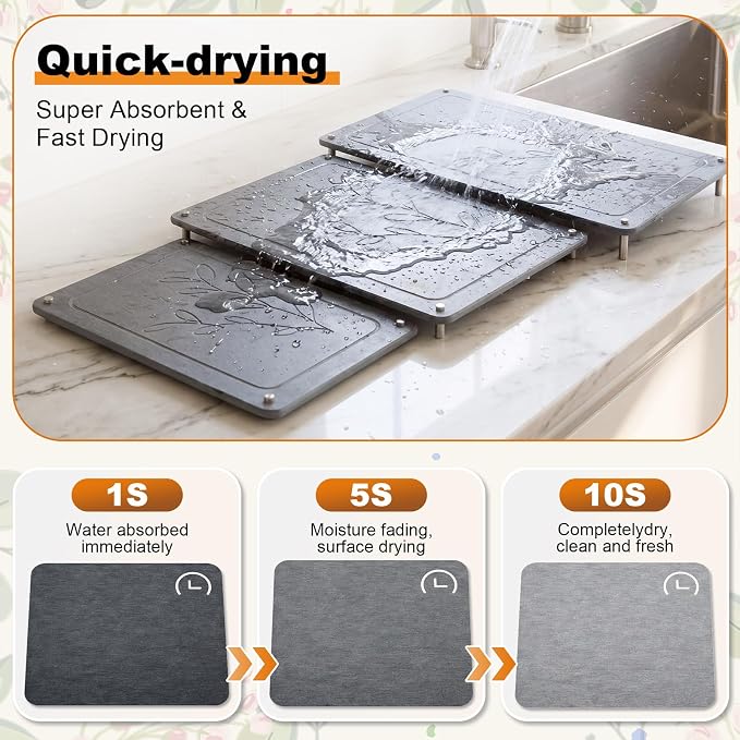 3 Tiers 24"x16" & 20"x16" &16"x12" Large Nesting Stone Dish Drying Mats for Kitchen Counter Absorbent Quick Dry Diatomaceous Earth Mat with Non-slip Feet for Pot Dishes Tableware (Dark Gray) - Image 3